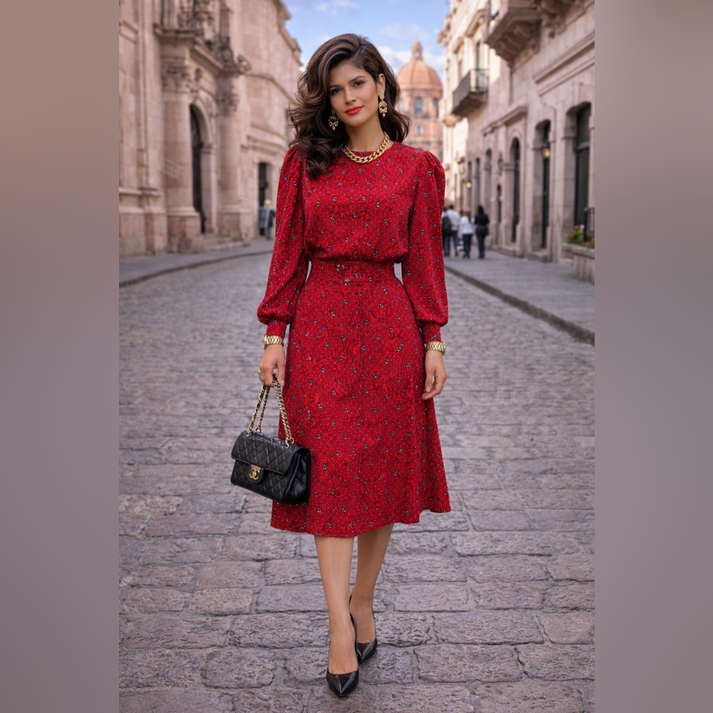Vintage NOTCHES 2-Piece– Blouse & Skirt | 80s/90s Red Micro Floral Print